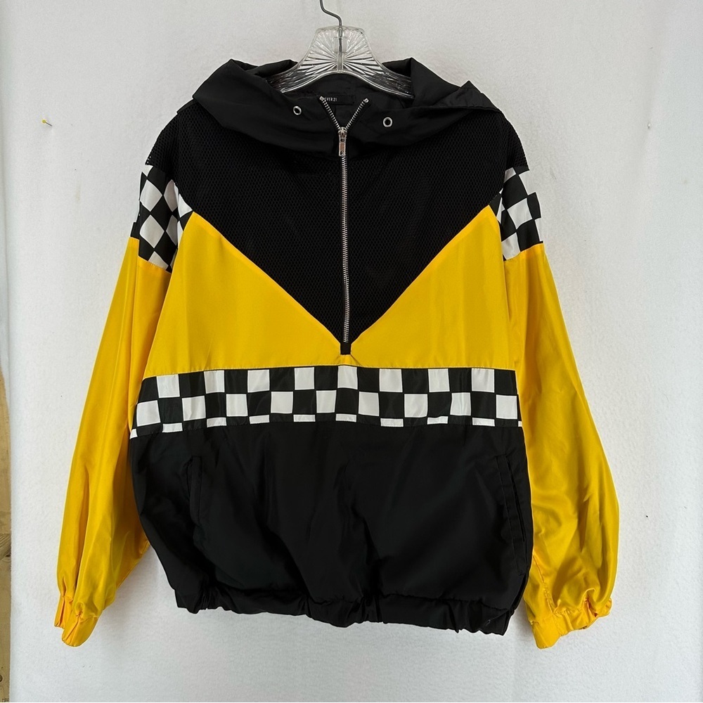 Forever 21 Checkered Hooded Windbreaker Quarter Zip‎ Women’s L Black Yellow